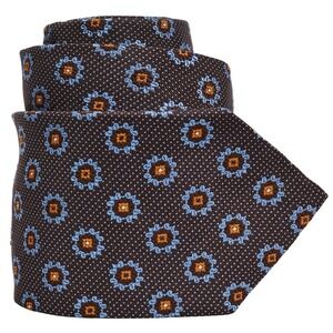 HICKEY FREEMAN Men's 100% Silk Necktie ENGLAND Designer Brown Blue Medallion EUC
